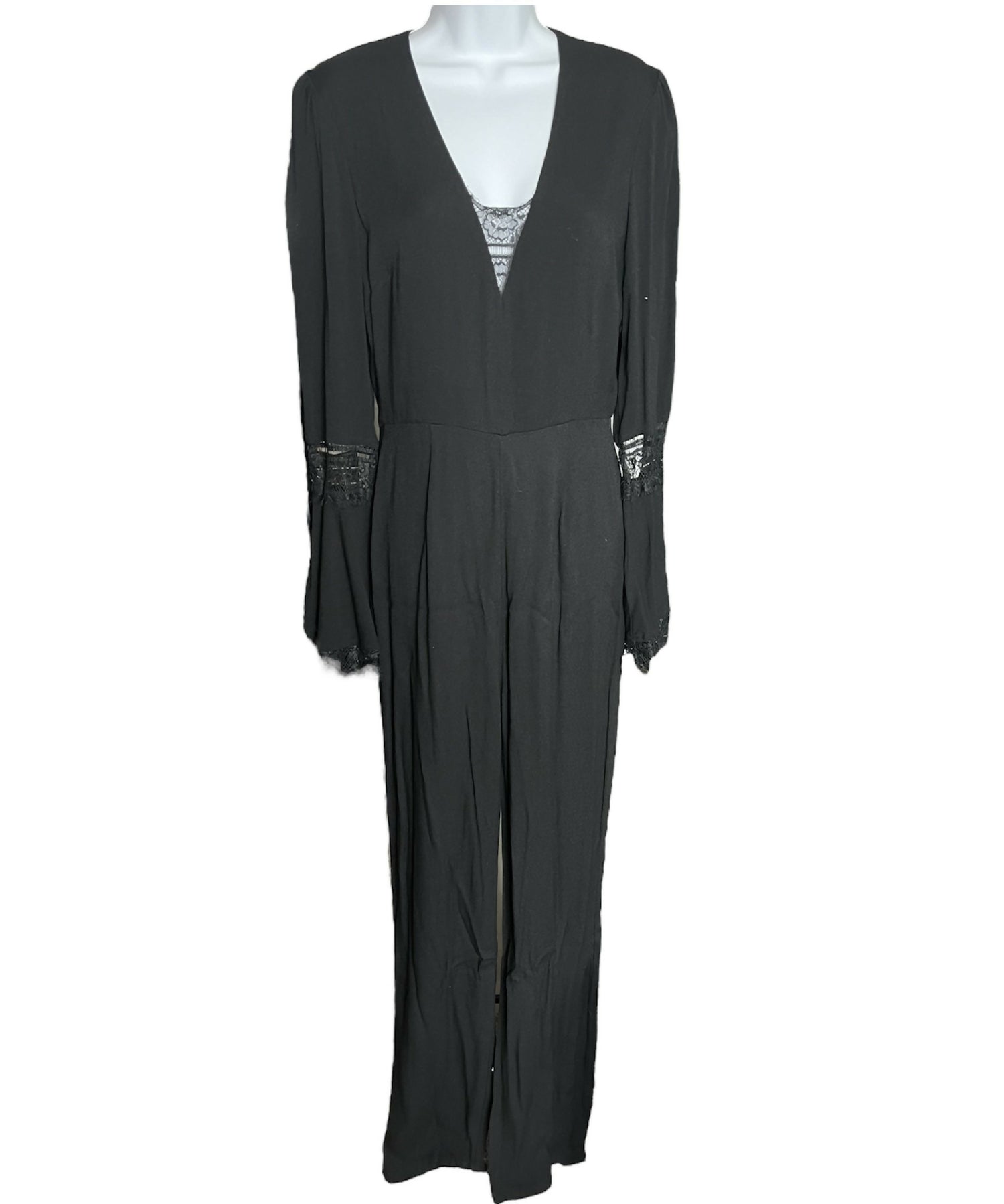 Bobi Black Bell Sleeve Lace Insert Jumpsuit - Black - M