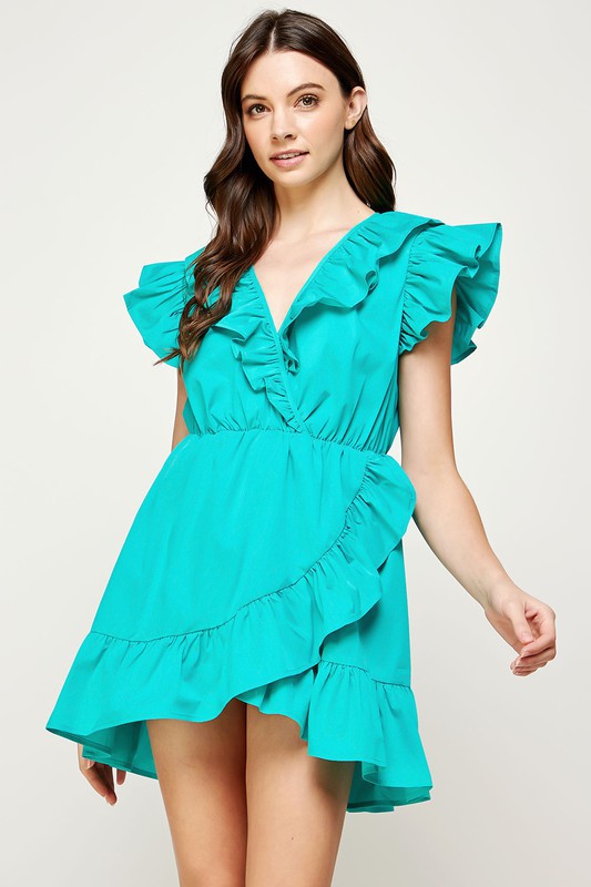 Strut & Bolt Teal Ruffle Short Sleeve Mini / S