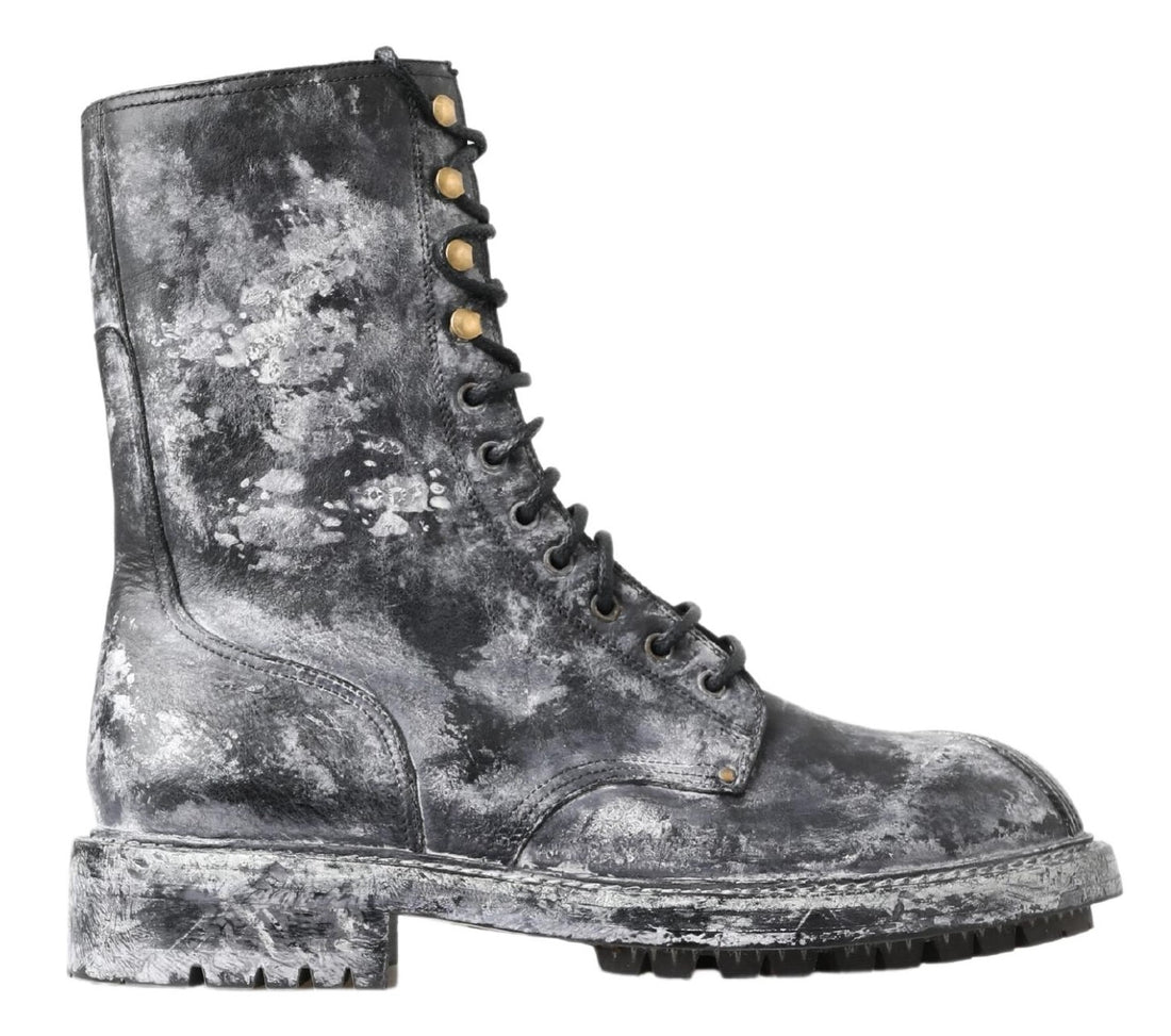 Dolce &amp; Gabbana Chic Black Lace-Up Boots with Gray White Fade/EU43/US10/Black
