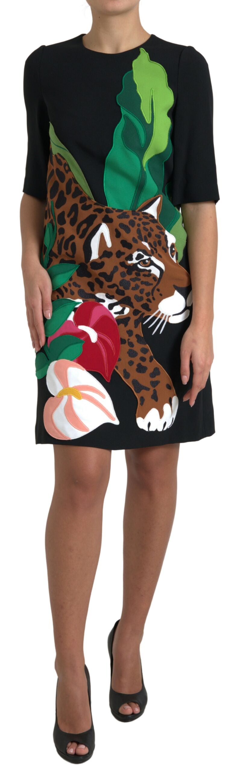 Dolce & Gabbana Elegant Jungle Motif Sheath Dress/IT50 | XXL/Black