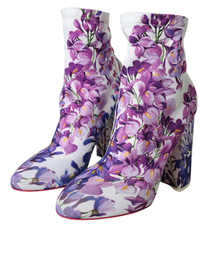 Dolce &amp; Gabbana Dolce &amp; Gabbana White Floral Jersey Stretch Boots Shoes/EU39/US8.5/White