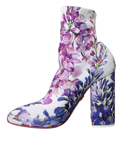 Dolce &amp; Gabbana Dolce &amp; Gabbana White Floral Jersey Stretch Boots Shoes/EU39/US8.5/White