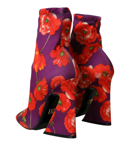 Dolce &amp; Gabbana Dolce &amp; Gabbana Purple Floral Jersey Stretch Boots Shoes/EU39/US8.5