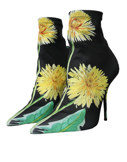 Dolce &amp; Gabbana Dolce &amp; Gabbana Black Floral Jersey Stretch Ankle Boots Shoes/EU39/US8.5/Black
