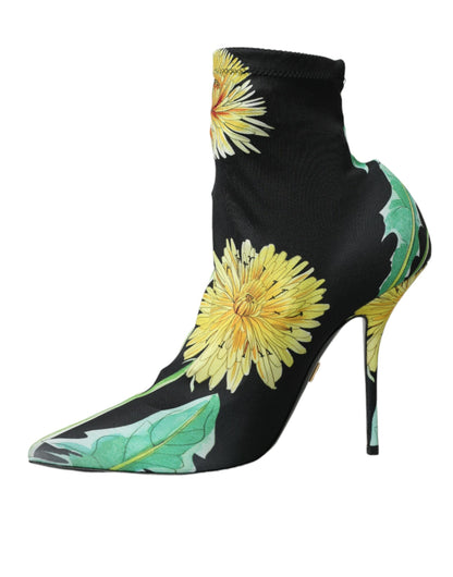 Dolce &amp; Gabbana Dolce &amp; Gabbana Black Floral Jersey Stretch Ankle Boots Shoes/EU39/US8.5/Black