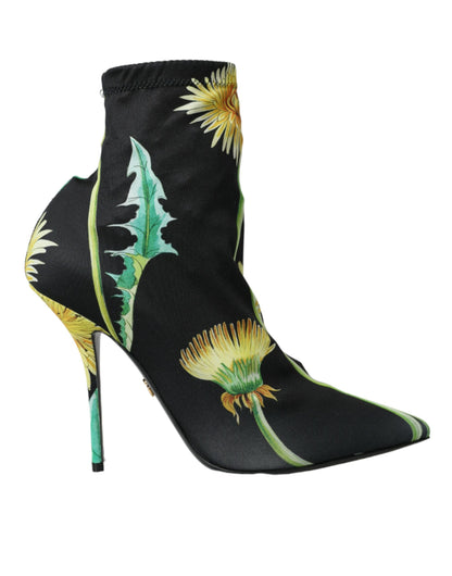 Dolce &amp; Gabbana Dolce &amp; Gabbana Black Floral Jersey Stretch Ankle Boots Shoes/EU39/US8.5/Black