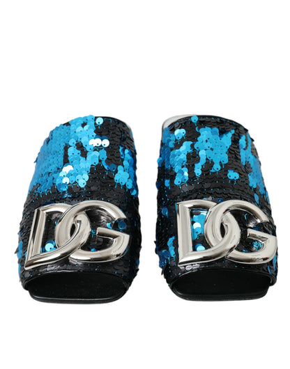 Dolce &amp; Gabbana Dolce &amp; Gabbana Blue Sequin Logo Slides Sandals Shoes/EU39/US8.5/Black and Blue