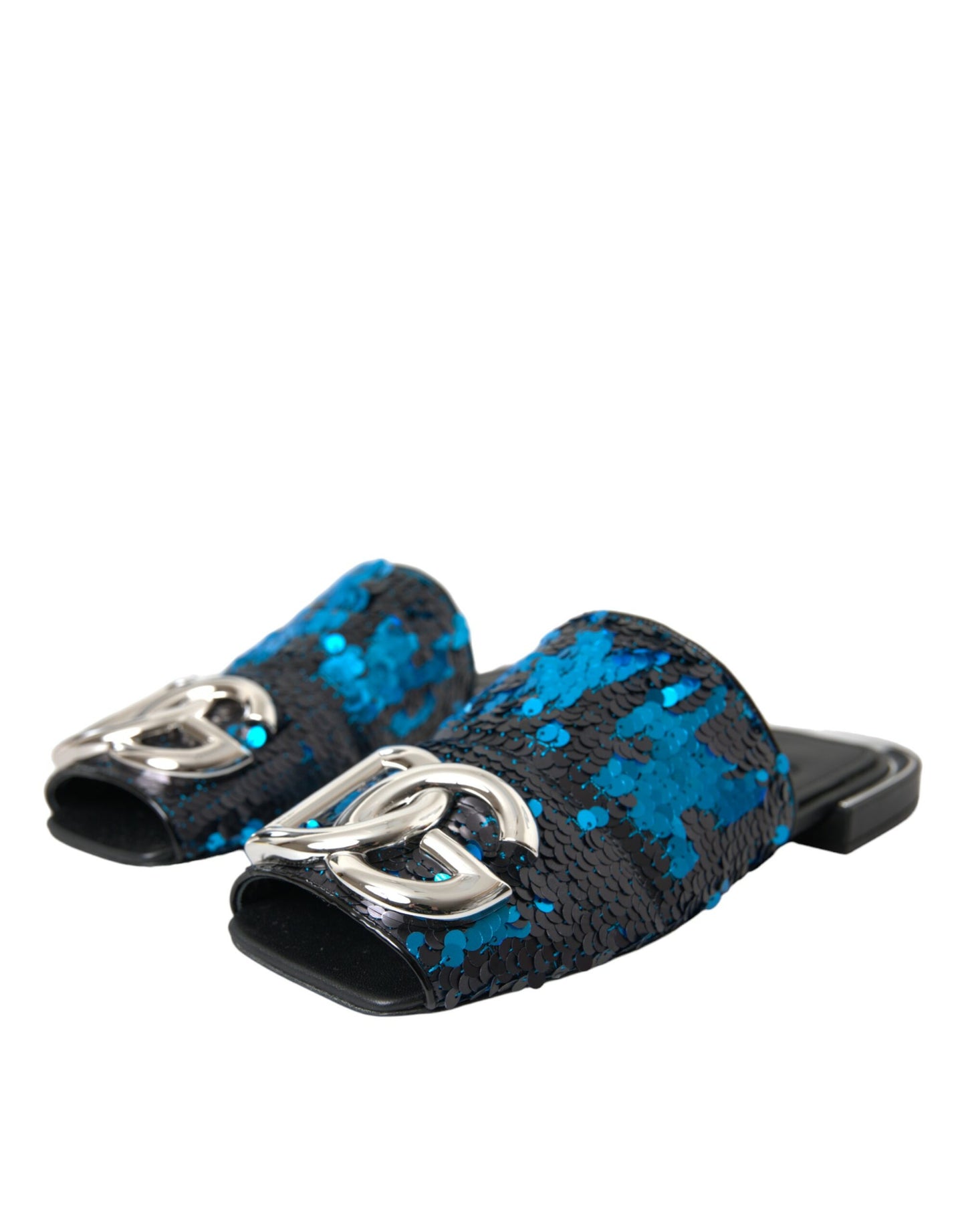 Dolce & Gabbana Dolce & Gabbana Blue Sequin Logo Slides Sandals Shoes/EU39/US8.5/Black and Blue