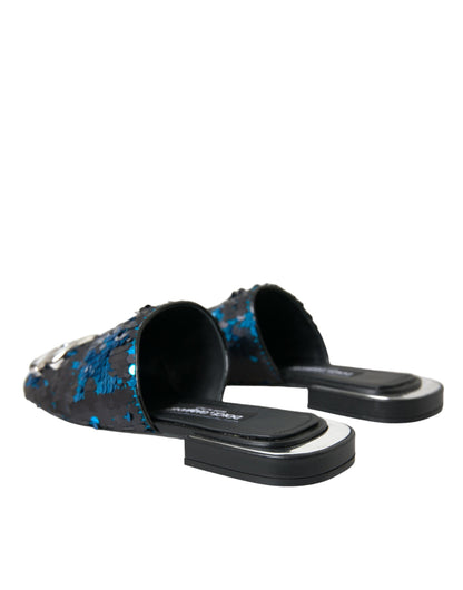 Dolce &amp; Gabbana Dolce &amp; Gabbana Blue Sequin Logo Slides Sandals Shoes/EU39/US8.5/Black and Blue