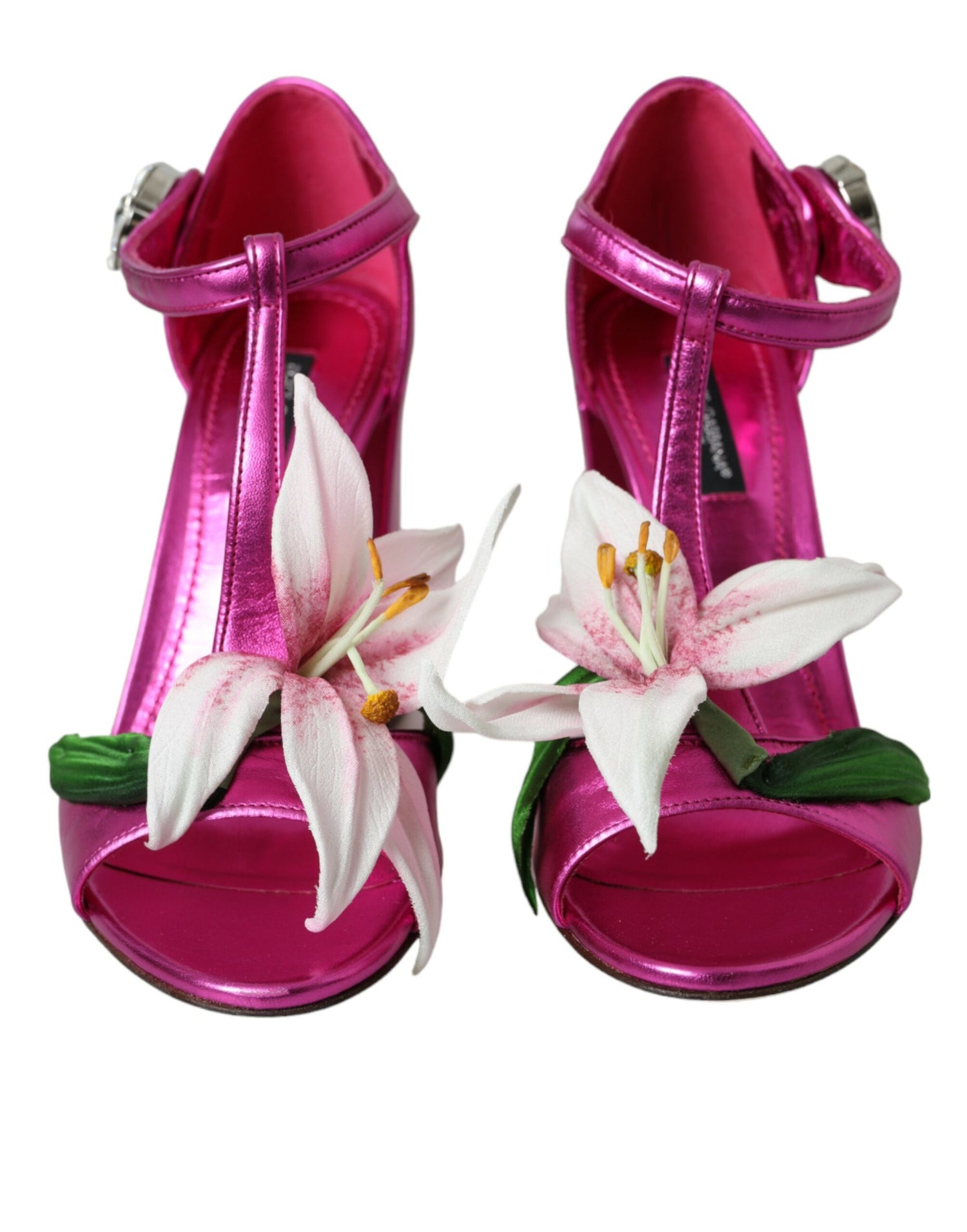 Dolce &amp; Gabbana Dolce &amp; Gabbana Pink Leather Crystals Floral Sandals Shoes/EU36.5/US6/Fuchsia