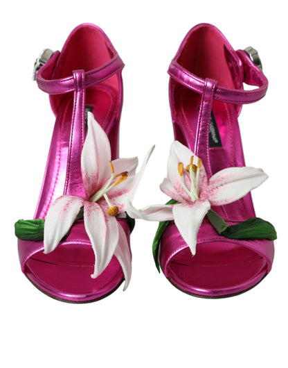 Dolce &amp; Gabbana Dolce &amp; Gabbana Pink Leather Crystals Floral Sandals Shoes/EU36.5/US6/Fuchsia