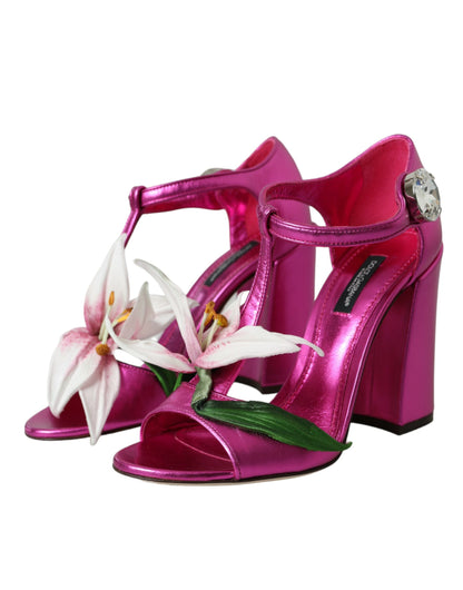 Dolce &amp; Gabbana Dolce &amp; Gabbana Pink Leather Crystals Floral Sandals Shoes/EU36.5/US6/Fuchsia