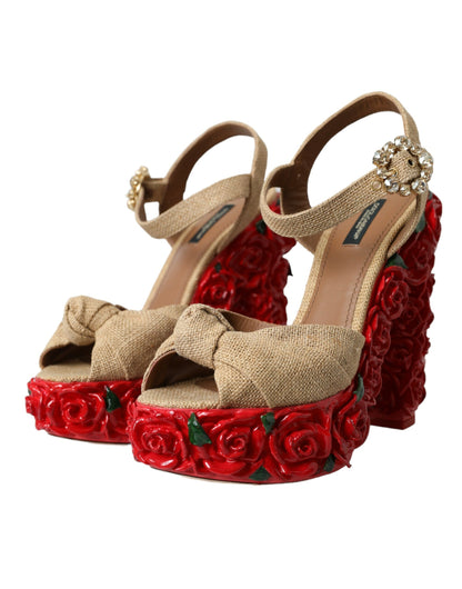 Dolce &amp; Gabbana Red Roses Crystal Platform Sandals Shoes/EU39/US8.5/Beige