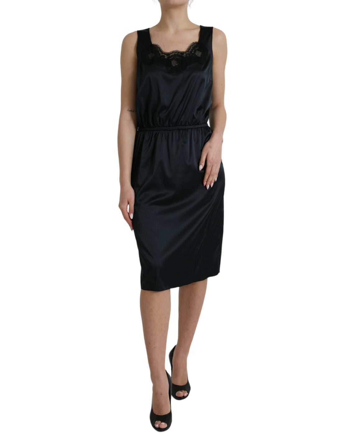 Dolce &amp; Gabbana Black Polyester Lace Trim Sheath Midi Dress/IT46|XL/Black
