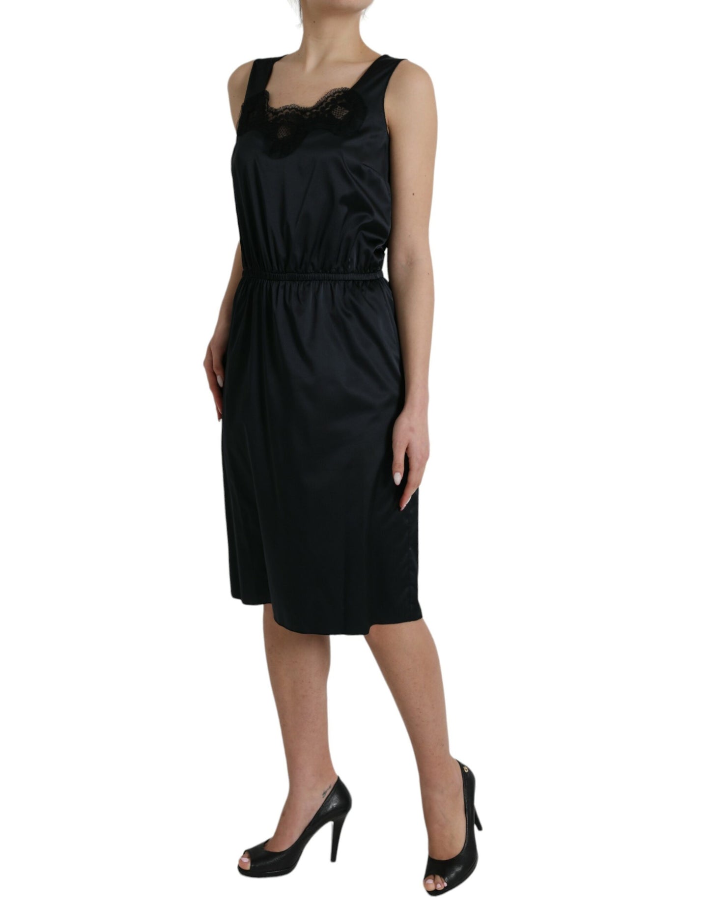 Dolce & Gabbana Dolce & Gabbana Black Polyester Lace Trim Sheath Midi Dress/IT48|XXL/Black