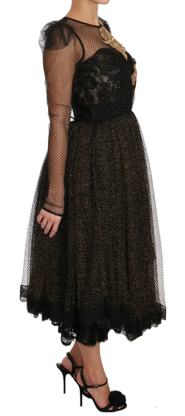 Dolce &amp; Gabbana Black Gold Crystal Heart A-line Dress/IT38 | XS/Black