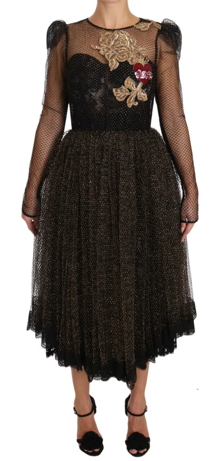 Dolce &amp; Gabbana Black Gold Crystal Heart A-line Dress/IT38 | XS/Black
