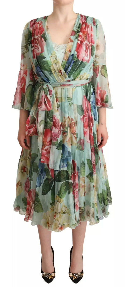 Dolce & Gabbana Green Floral Long Sleeve V-neck Midi Dress/IT44 | L/Green