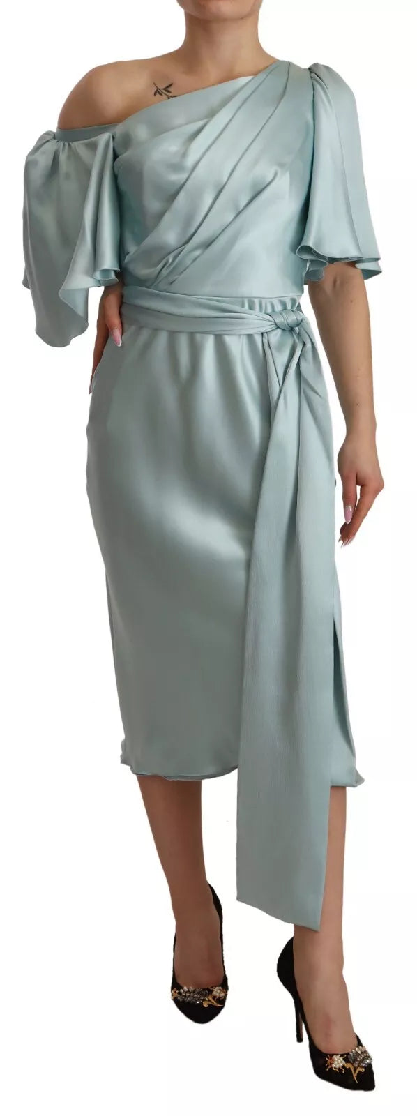 Dolce & Gabbana Silk Mint Green Fit Cut One Shoulder Midi Dress/IT40|S/Green