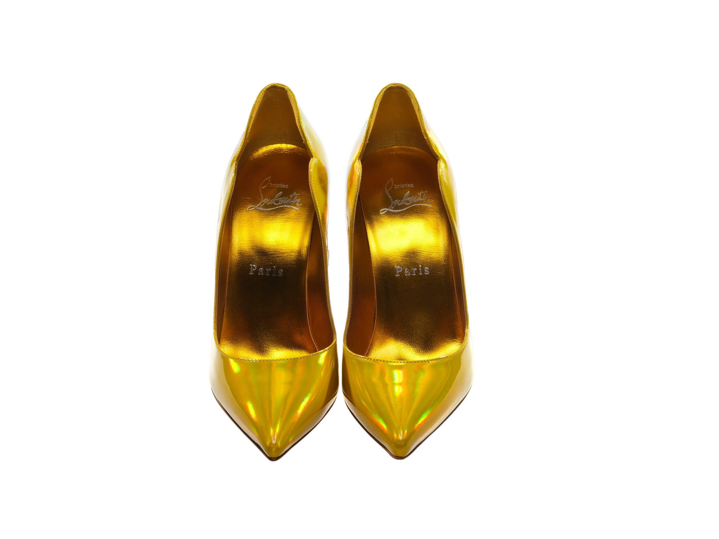 Christian Louboutin Hot Chick 100 Yellow Mirrored Patent Leather High Heel Pumps/EU37/US7/Yellow