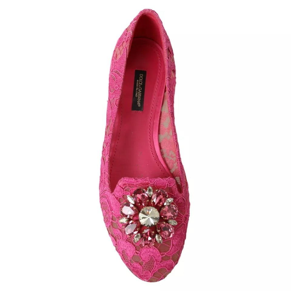 Dolce &amp; Gabbana Dolce &amp; Gabbana Pink Lace Crystal Ballet Loafers Shoes/EU37/US6.5/Pink