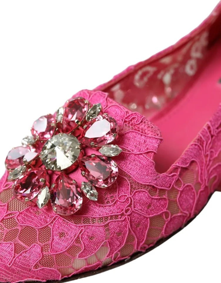 Dolce &amp; Gabbana Dolce &amp; Gabbana Pink Lace Crystal Ballet Loafers Shoes/EU37/US6.5/Pink