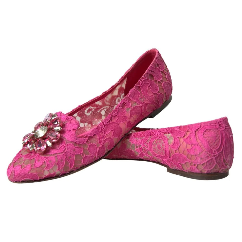 Dolce &amp; Gabbana Dolce &amp; Gabbana Pink Lace Crystal Ballet Loafers Shoes/EU37/US6.5/Pink