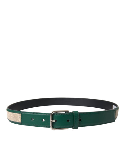 Dolce &amp; Gabbana Dolce &amp; Gabbana Green Beige Leather Weaved Metal Buckle Belt/90 cm / 36 Inches/Green