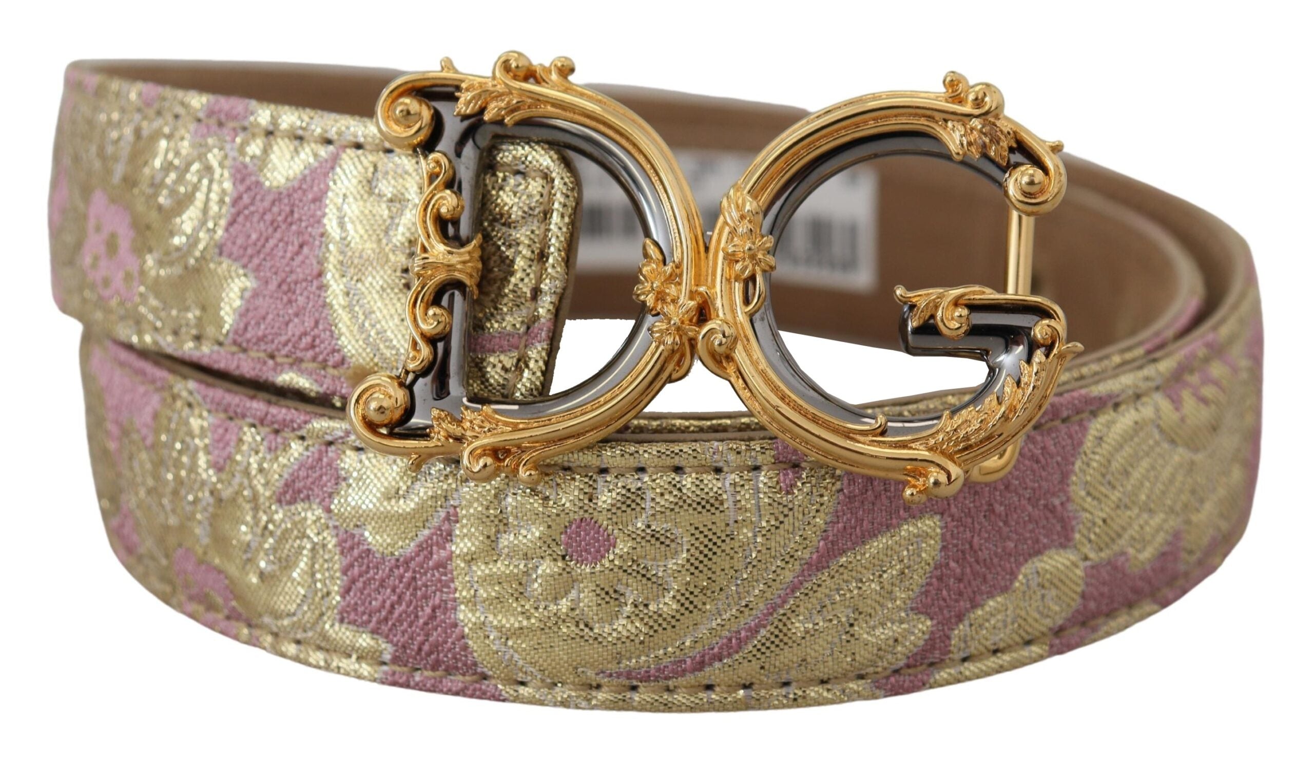 Dolce &amp; Gabbana Dolce &amp; Gabbana Pink Jaquard DG Logo Gold Metal Buckle Belt/75 cm / 30 Inches/Pink