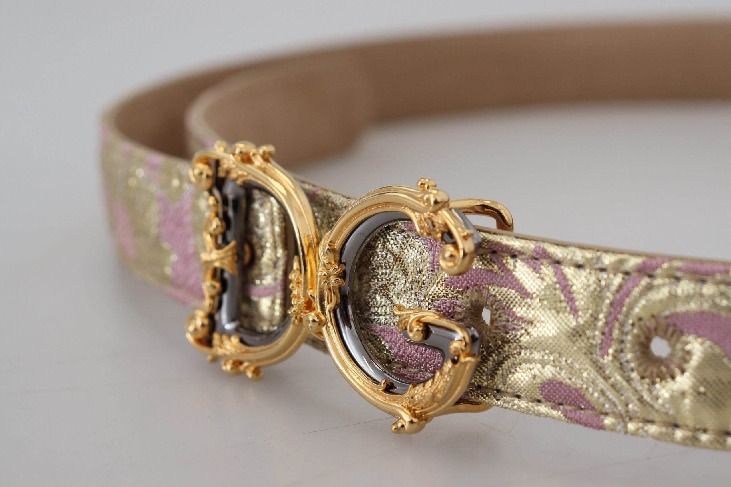 Dolce &amp; Gabbana Dolce &amp; Gabbana Pink Jaquard DG Logo Gold Metal Buckle Belt/75 cm / 30 Inches/Pink