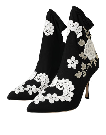 Dolce &amp; Gabbana Dolce &amp; Gabbana Black White Embroidery Slip On Boots Shoes/EU41/US10.5/Black and White