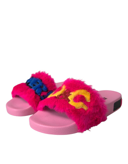 Dolce &amp; Gabbana Dolce &amp; Gabbana Multicolor Embroidered Fur Slides Sandals Shoes/EU37/US6.5/Multicolor