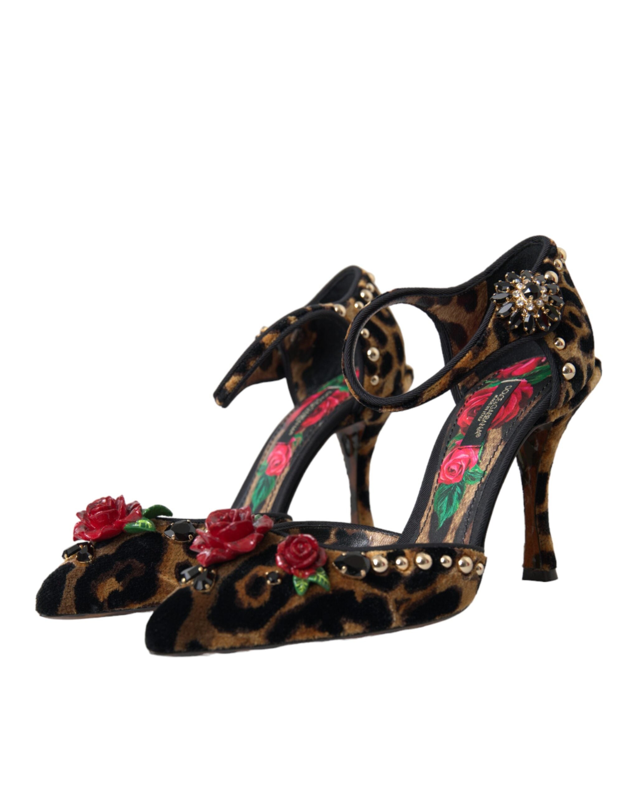 Dolce &amp; Gabbana Dolce &amp; Gabbana Brown Leopard Floral Crystal Mary Janes Pumps Shoes/EU37.5/US7/Brown