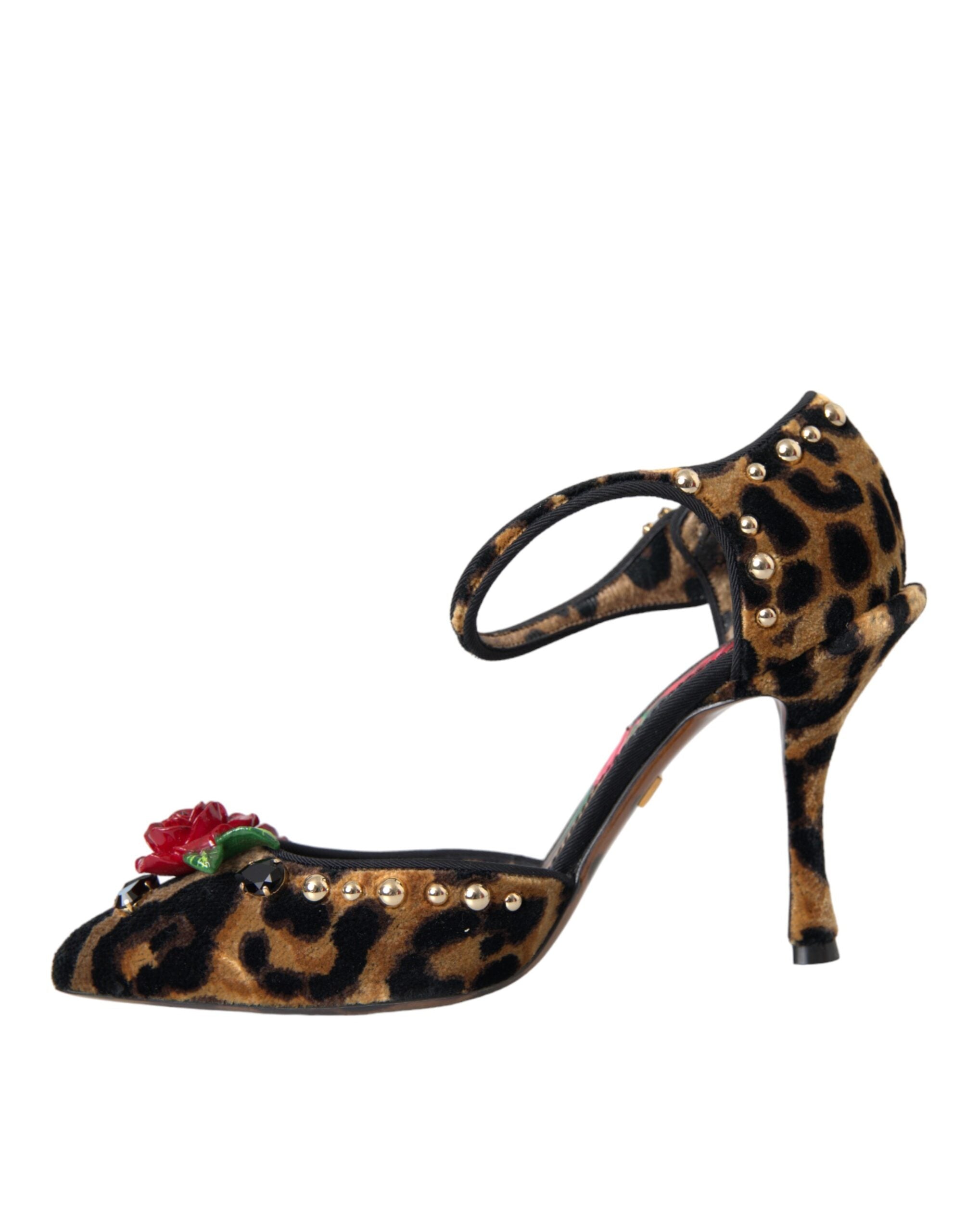 Dolce &amp; Gabbana Dolce &amp; Gabbana Brown Leopard Floral Crystal Mary Janes Pumps Shoes/EU37.5/US7/Brown