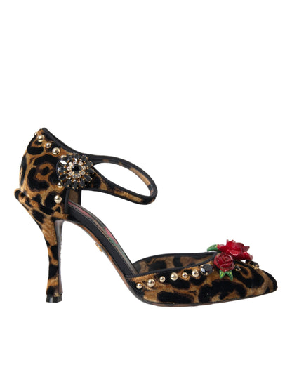 Dolce &amp; Gabbana Dolce &amp; Gabbana Brown Leopard Floral Crystal Mary Janes Pumps Shoes/EU37.5/US7/Brown