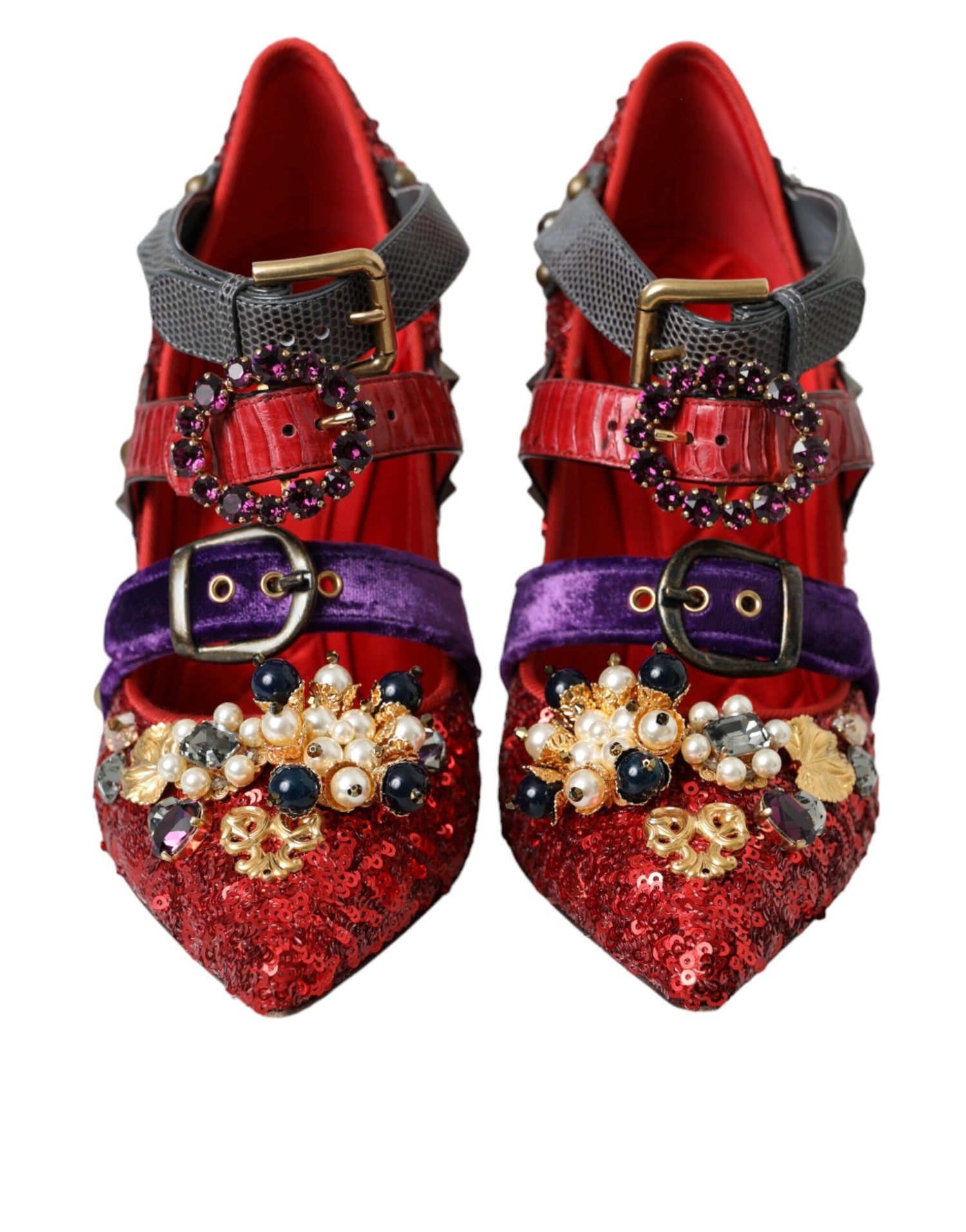 Dolce &amp; Gabbana Dolce &amp; Gabbana Red Sequined Crystal Mary Janes Pumps Shoes/EU40/US9.5/Black and Red