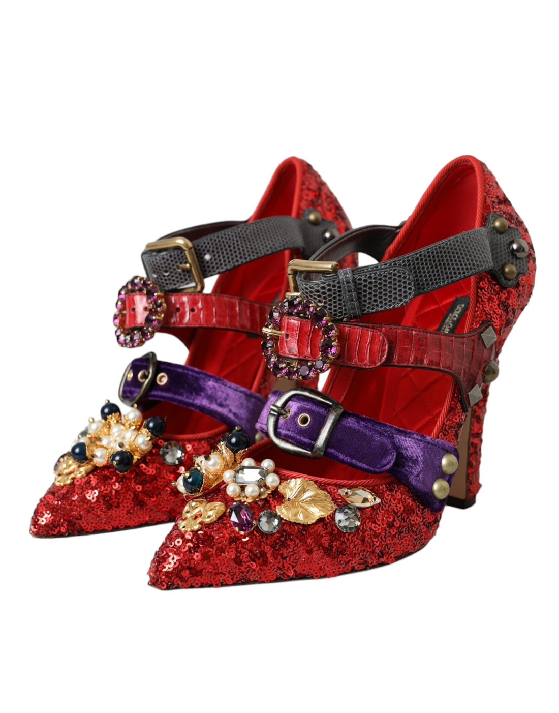 Dolce &amp; Gabbana Dolce &amp; Gabbana Red Sequined Crystal Mary Janes Pumps Shoes/EU40/US9.5/Black and Red