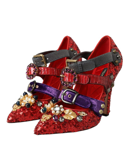 Dolce &amp; Gabbana Dolce &amp; Gabbana Red Sequined Crystal Mary Janes Pumps Shoes/EU40/US9.5/Black and Red
