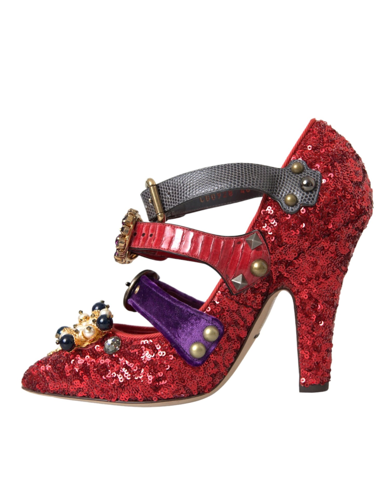 Dolce &amp; Gabbana Dolce &amp; Gabbana Red Sequined Crystal Mary Janes Pumps Shoes/EU40/US9.5/Black and Red