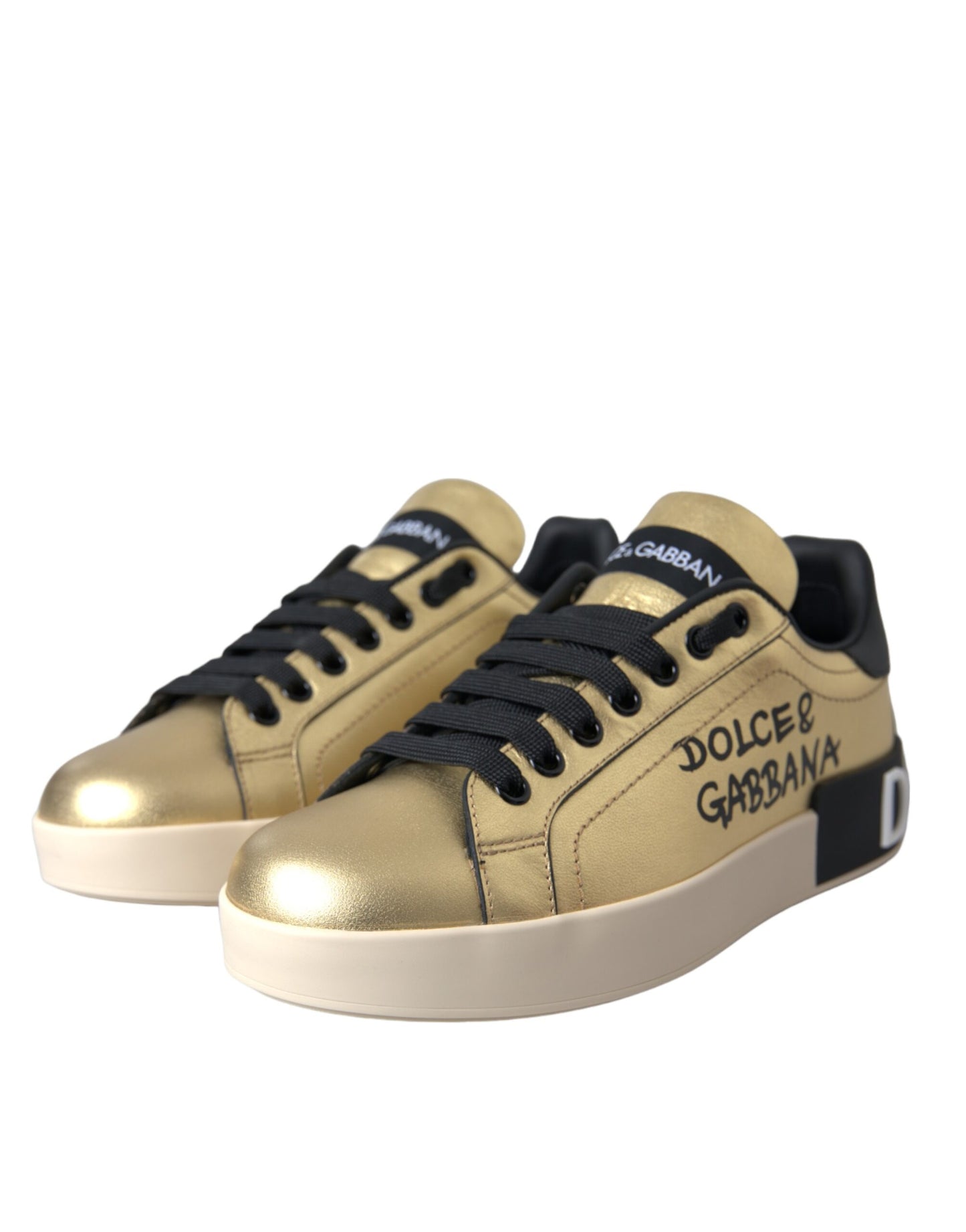 Dolce & Gabbana Dolce & Gabbana Gold Portofino Calf Leather Sneakers Women Shoes/EU40/US9.5/Gold Black