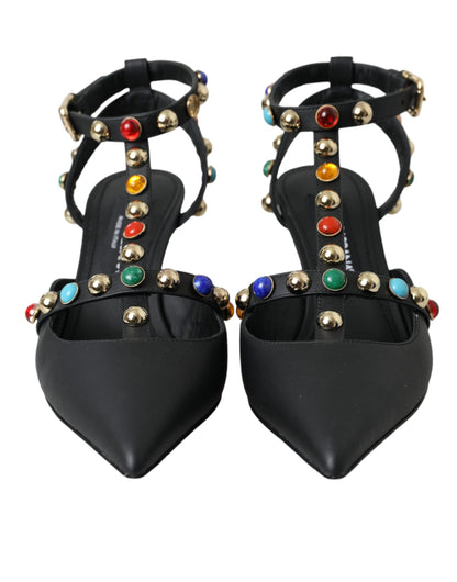 Dolce &amp; Gabbana Dolce &amp; Gabbana Black Leather Embellished Heels Sandal Shoes/EU39/US8.5/Black