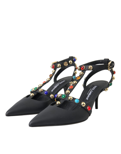 Dolce &amp; Gabbana Dolce &amp; Gabbana Black Leather Embellished Heels Sandal Shoes/EU39/US8.5/Black