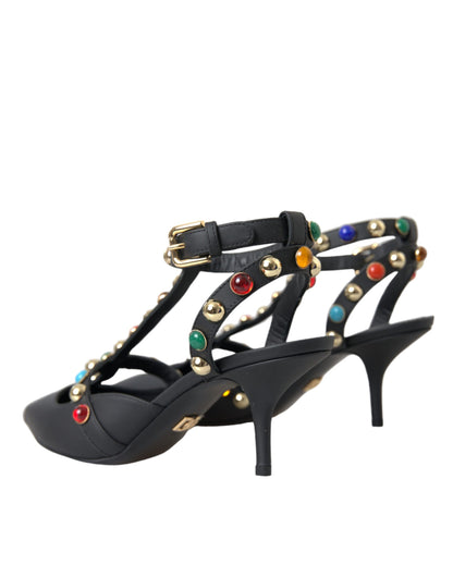 Dolce &amp; Gabbana Dolce &amp; Gabbana Black Leather Embellished Heels Sandal Shoes/EU39/US8.5/Black