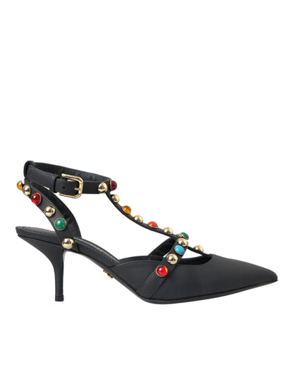 Dolce &amp; Gabbana Dolce &amp; Gabbana Black Leather Embellished Heels Sandal Shoes/EU39/US8.5/Black