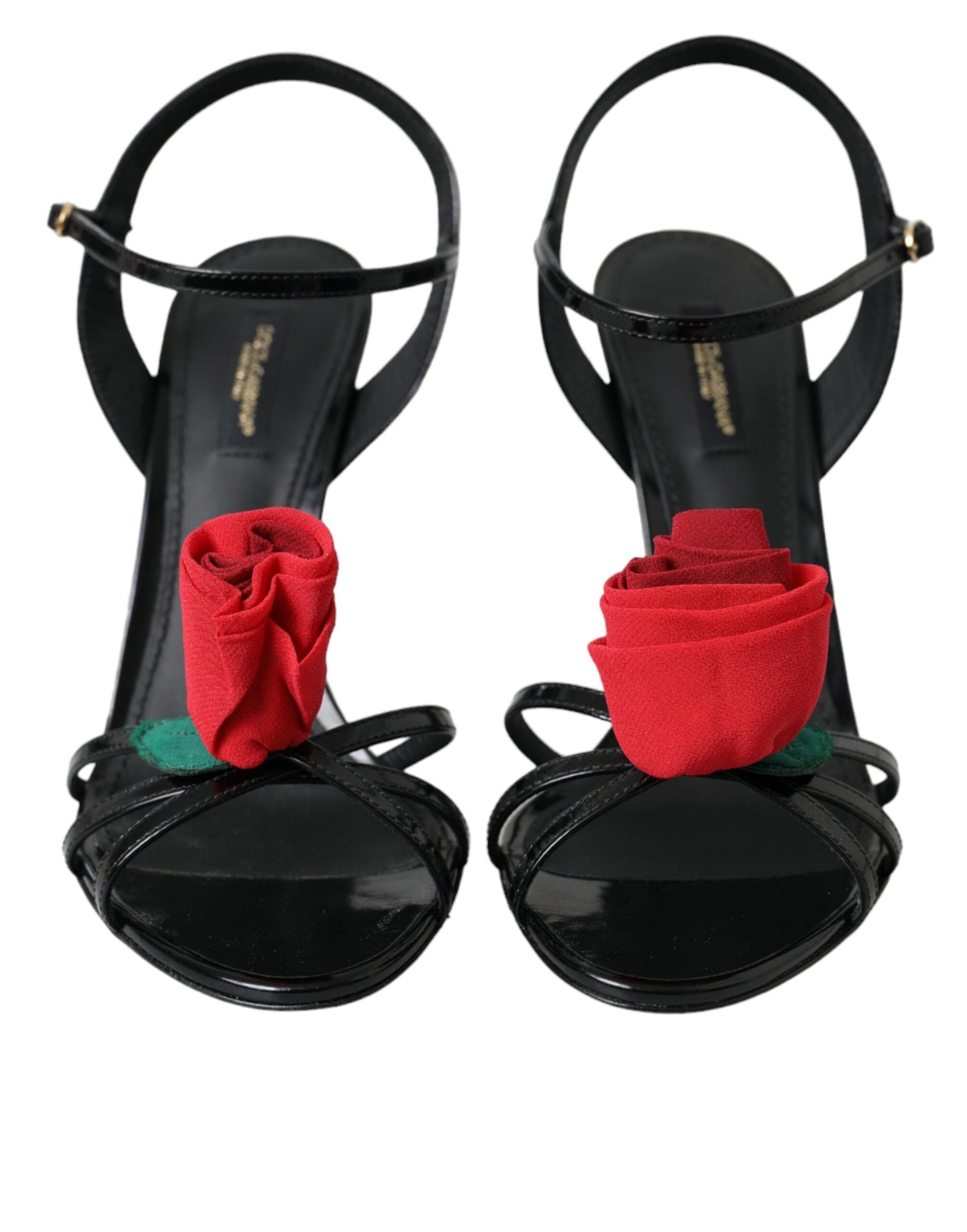 Dolce &amp; Gabbana Dolce &amp; Gabbana Black Leather Rose Ankle Strap Heels Sandals Shoes/EU38/US7.5/Black