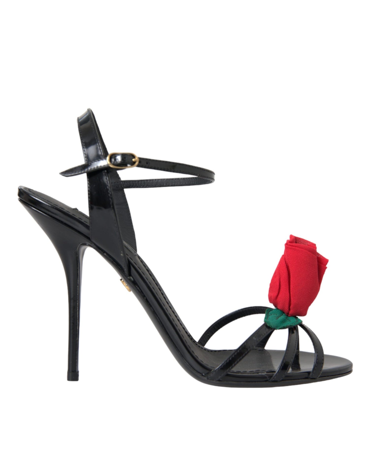 Dolce &amp; Gabbana Dolce &amp; Gabbana Black Leather Rose Ankle Strap Heels Sandals Shoes/EU38/US7.5/Black