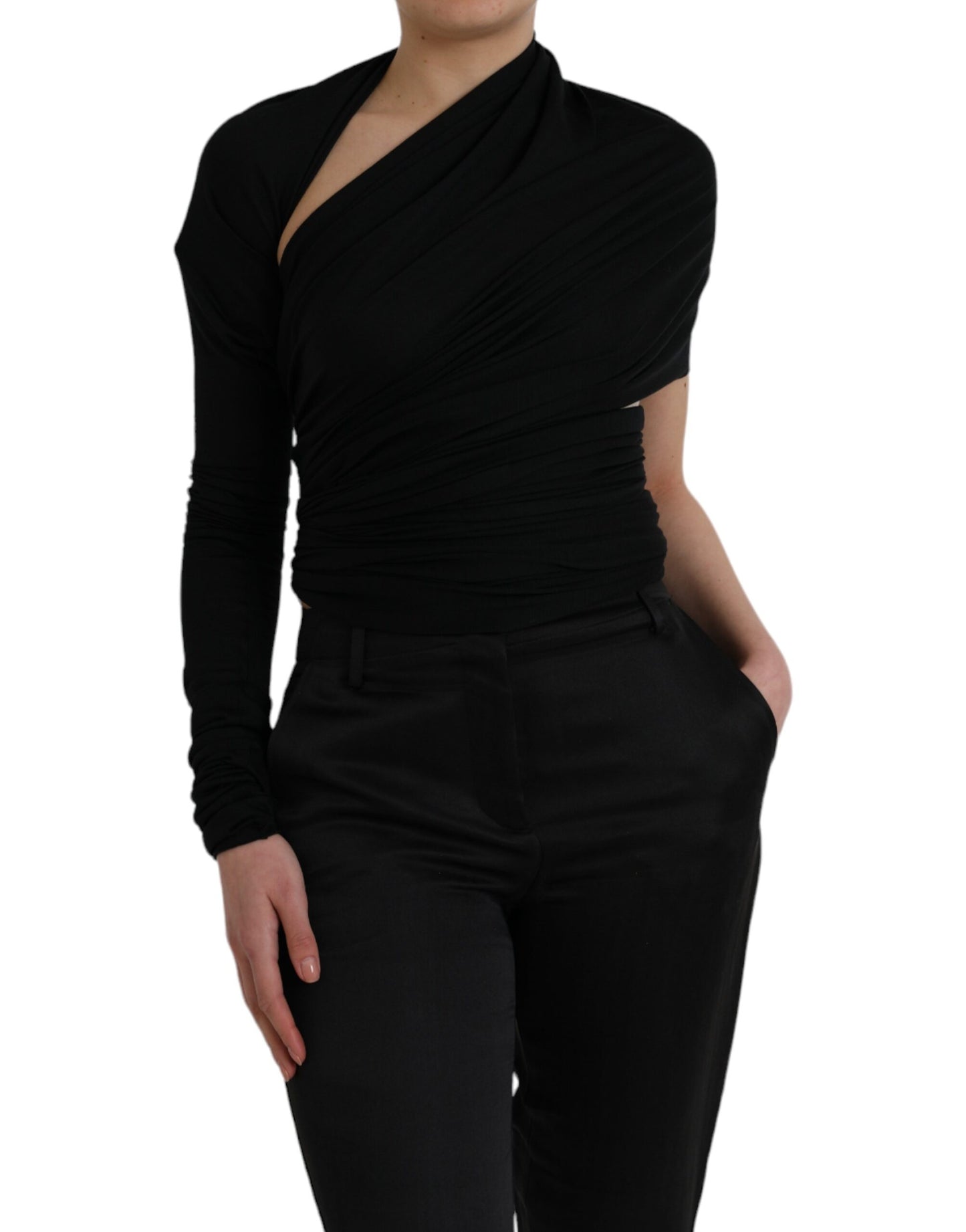 Dolce & Gabbana Dolce & Gabbana Black Wool Cutout Asymmetric Long Sleeve Top/IT44 | L/Black