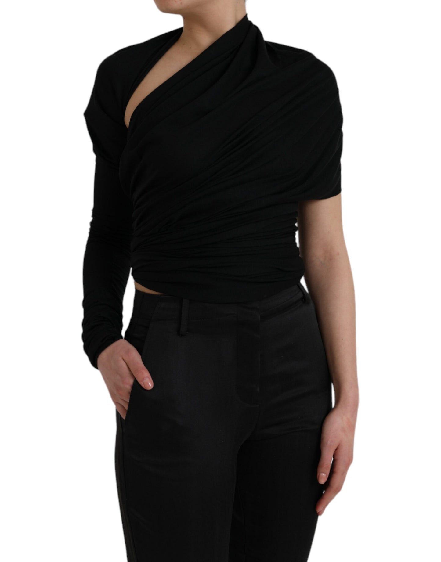 Dolce & Gabbana Dolce & Gabbana Black Wool Cutout Asymmetric Long Sleeve Top/IT44 | L/Black