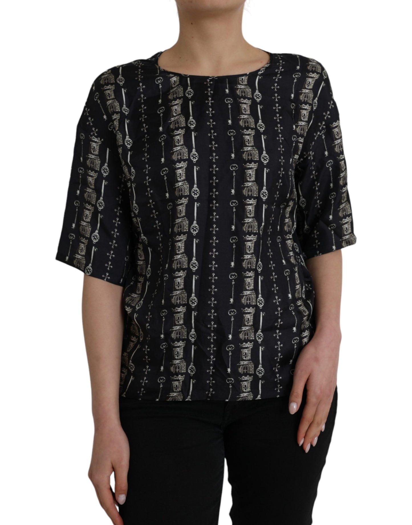 Dolce & Gabbana Dolce & Gabbana Black Key Castle Print Silk Blouse T-shirt/IT42|M/Black