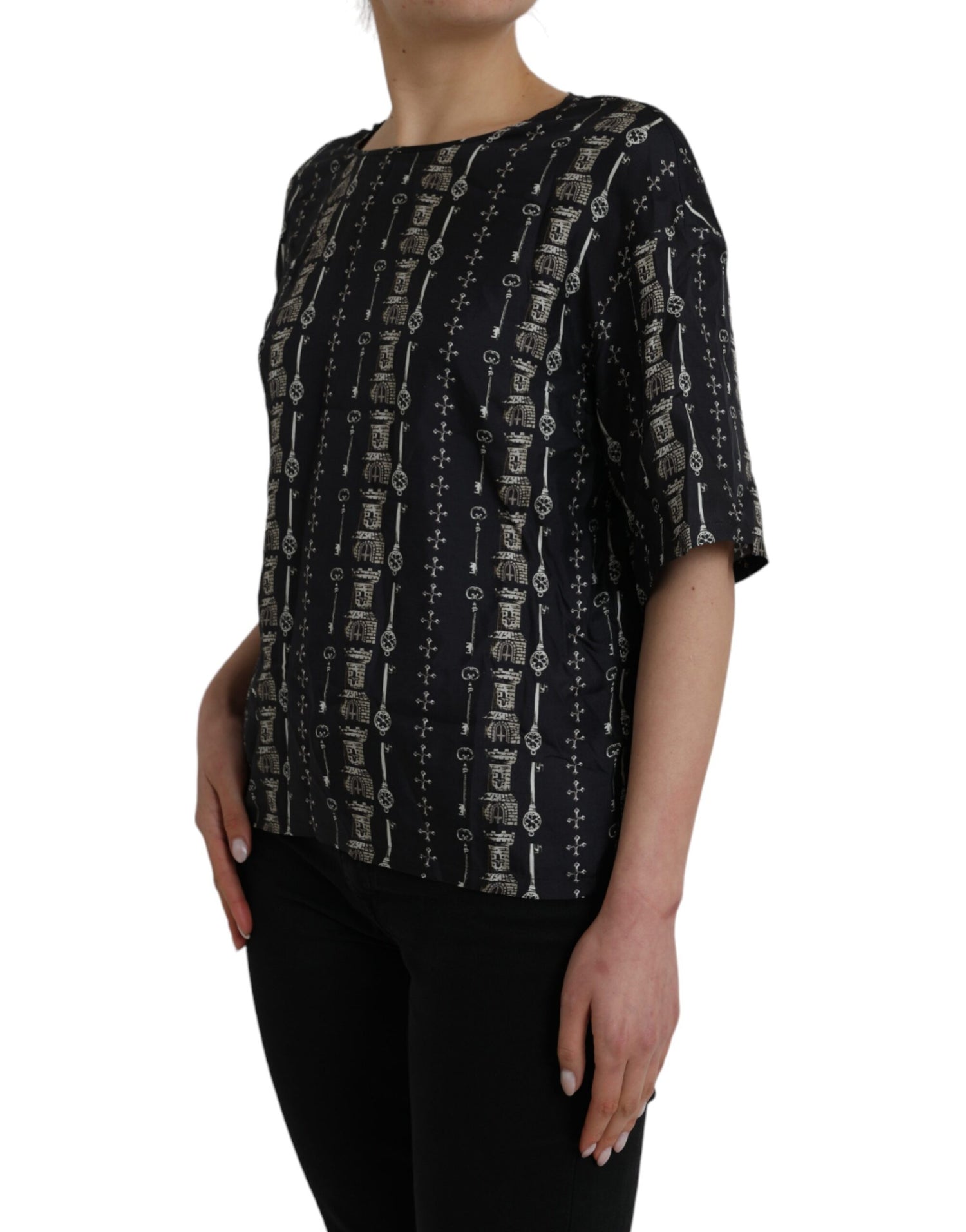 Dolce &amp; Gabbana Dolce &amp; Gabbana Black Key Castle Print Silk Blouse T-shirt/IT42|M/Black